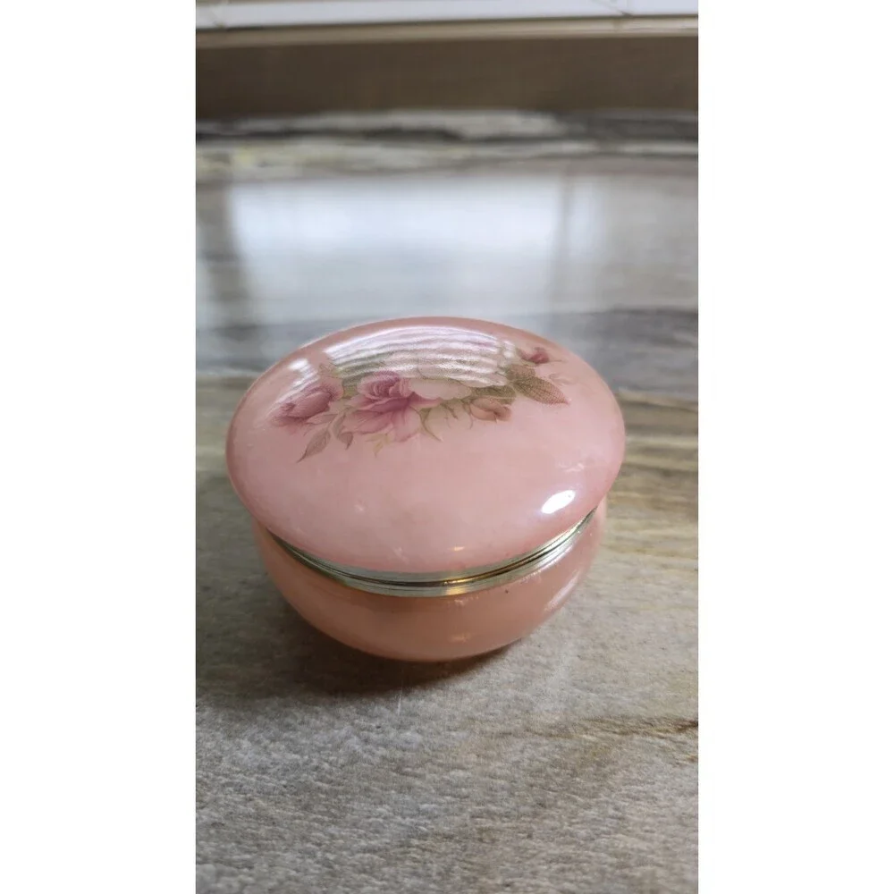 Vintage Genuine Italian Alabaster Hand Carved Pink Floral Trinket Jewelry Box